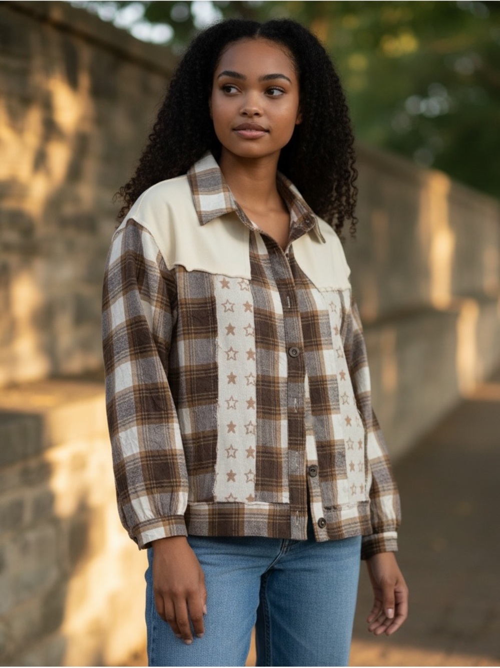 POL Plaid Star Patchwork Shacket Oversized Beige Brown Boho Size Small NEW

Such